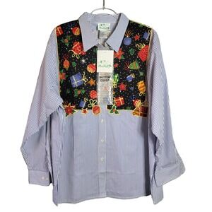 The Quaker Factory Womens 2X Christmas Button Cover‎ Shirt Blue Stripe NWT